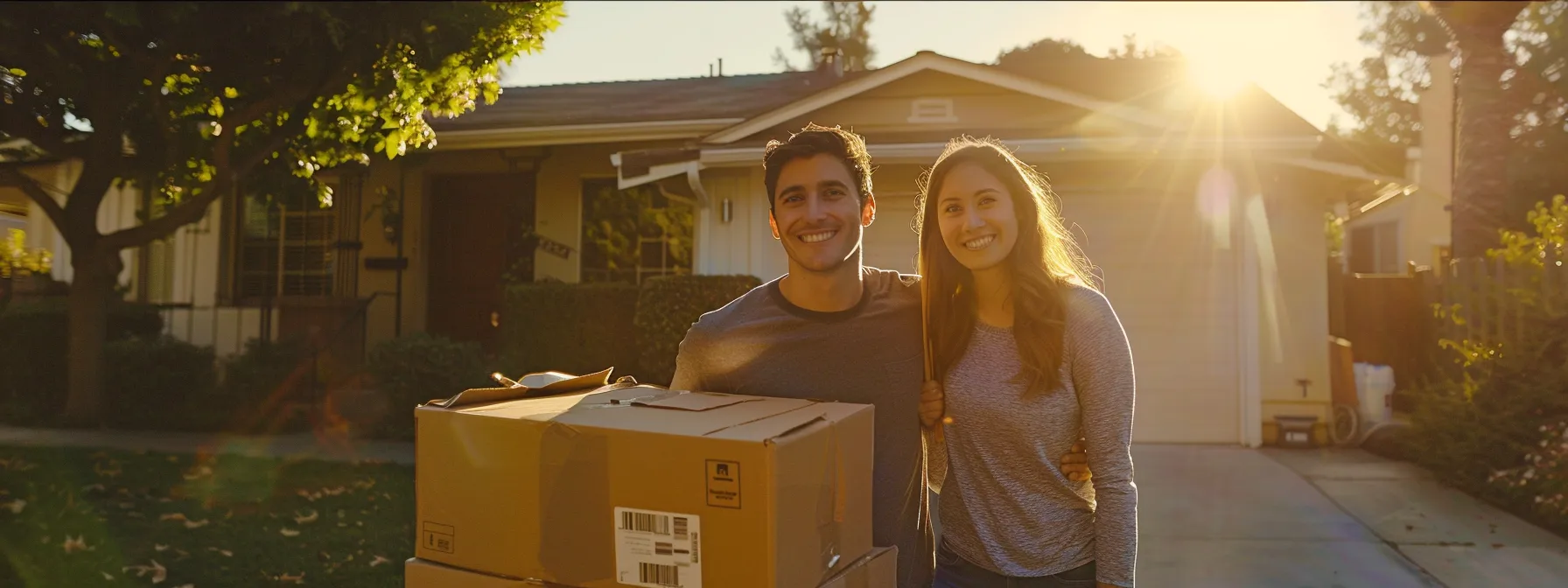 a couple smiling in front of their new home as professional movers in los angeles transport their belongings inside, creating a stress-free relocation experience.