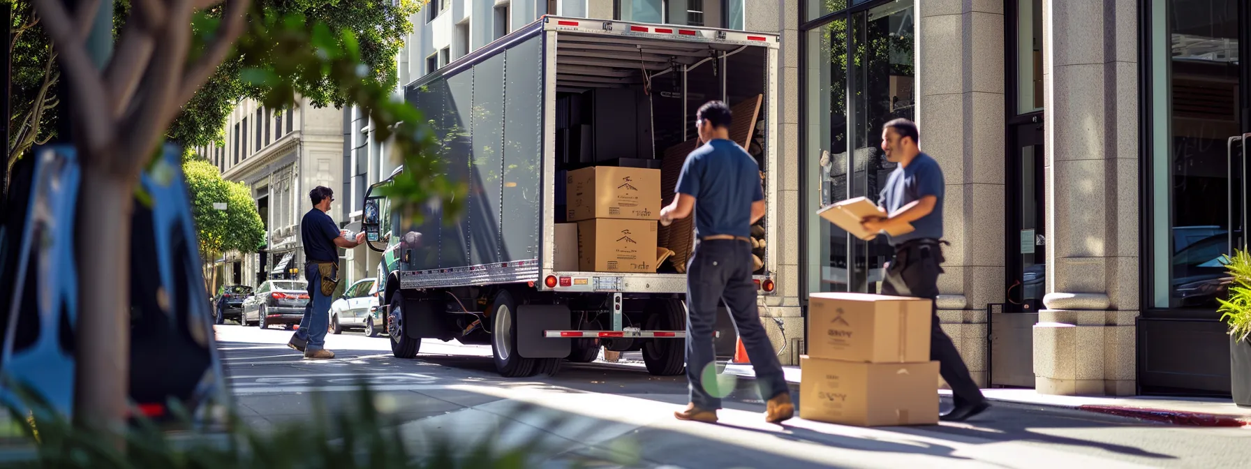 a team of movers carefully loading boxes and furniture onto a moving truck outside a san francisco office building, overseen by a confident manager with a clipboard in hand.