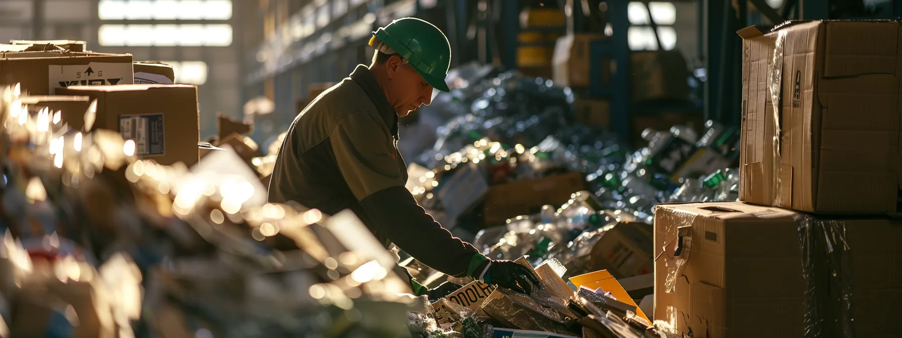 a person separating cardboard boxes and bubble wrap for recycling at a local orange county recycling center.