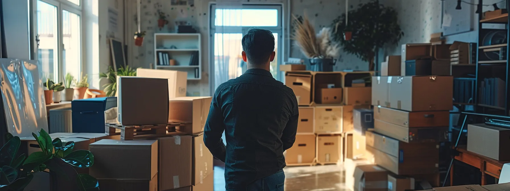 an office manager overseeing a team of experienced movers organizing boxes and furniture efficiently on moving day.