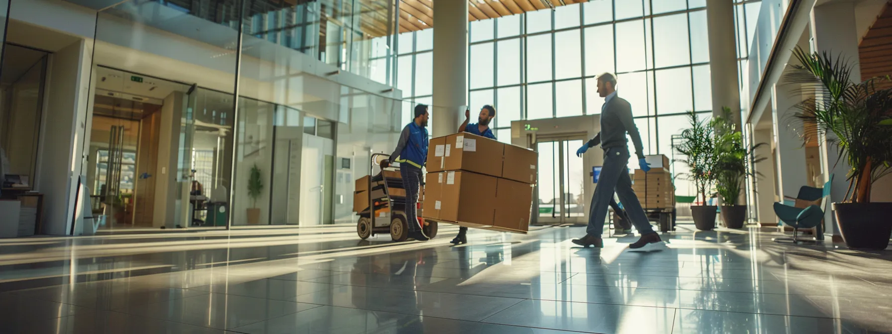 a team of professional movers carefully transporting office furniture through a modern, spacious office lobby.