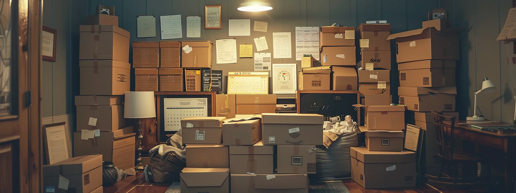 a room filled with moving boxes labeled with different los angeles moving companies, a calendar with the moving date circled, and a checklist of logistics taped to the wall, all indicating a client's thorough preparation and organization for the upcoming move.