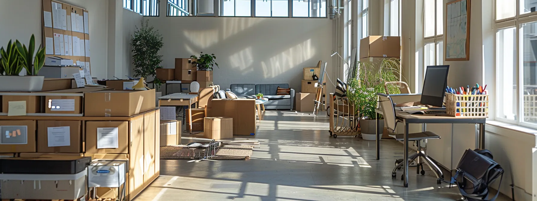 a neatly organized office space with labeled boxes of equipment and furniture ready for relocation.