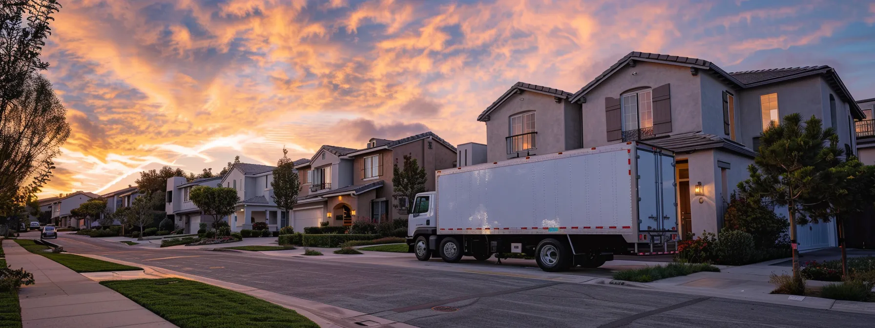 a moving truck parked in front of a modern orange county home, ready to be loaded by top-rated movers.