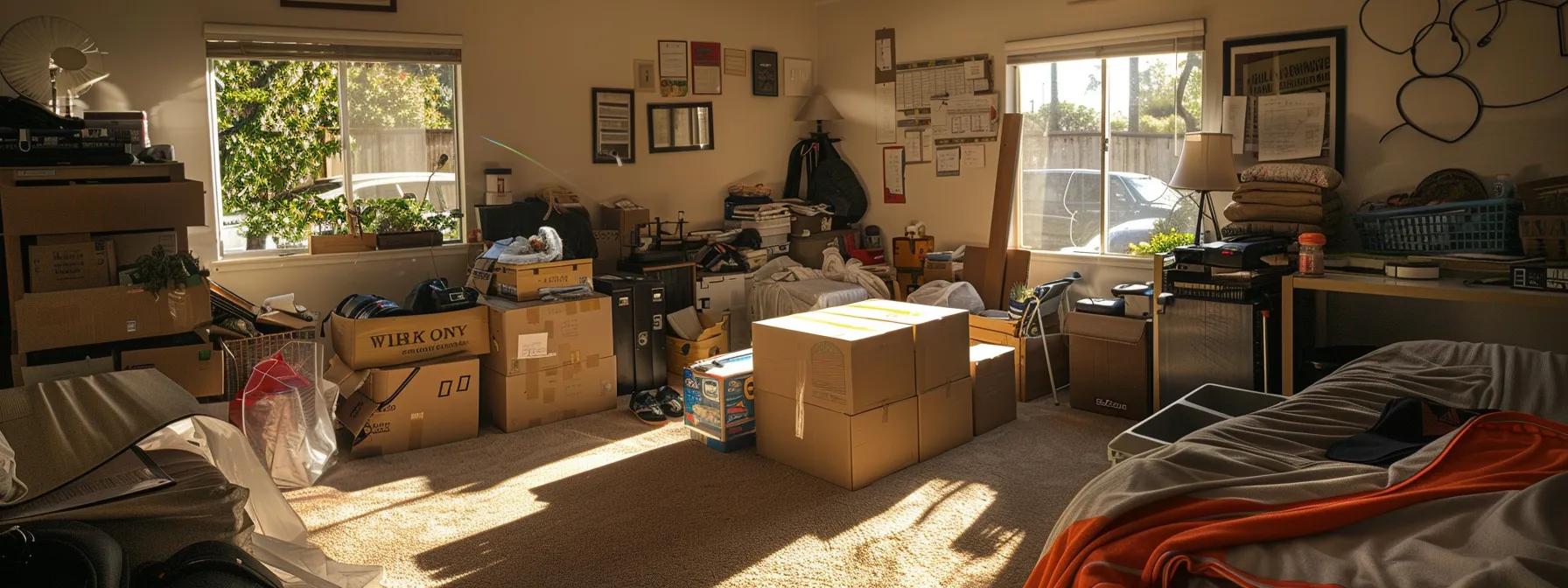 a clutter-free room with boxes packed neatly and recycled packing materials stacked nearby, ready for a cost-effective move in san diego.