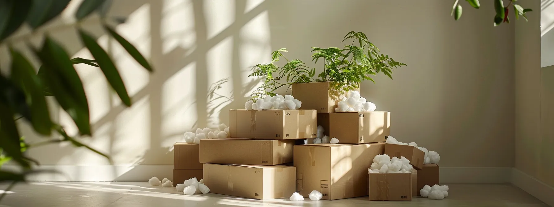 an image of a stack of sturdy, reusable moving boxes filled with biodegradable packing peanuts and sustainable packing paper, sealed with eco-friendly tape, showcasing a commitment to eco-conscious moving practices.