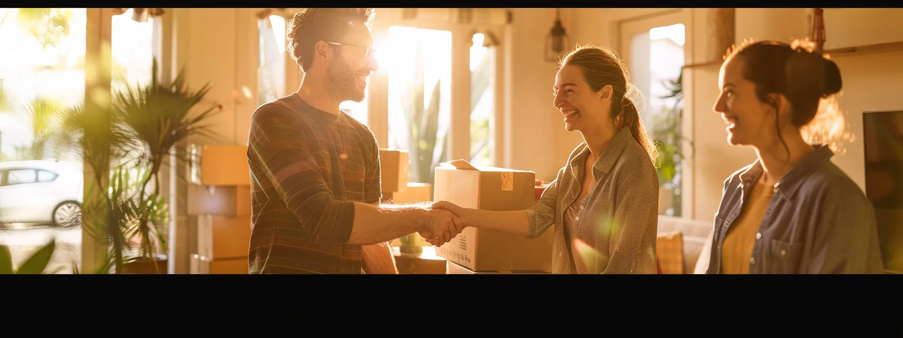 a couple smiling, surrounded by moving boxes, happily shaking hands with a professional san diego mover in a bright, sunlit room.