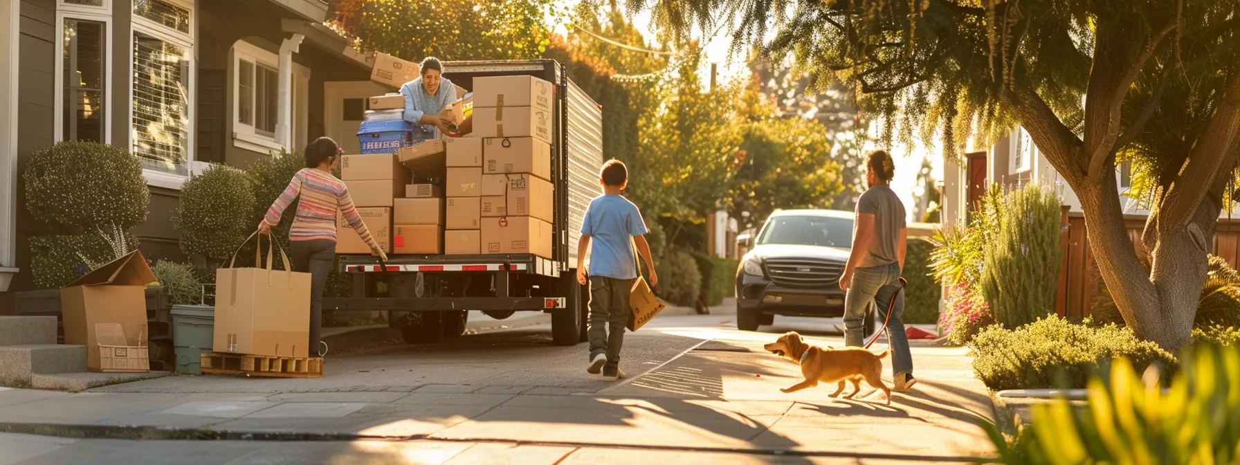 A Family Loading Boxes Into A Moving Truck In Front Of A Sunny San Jose Home, With A Pet Watching Attentively Nearby.