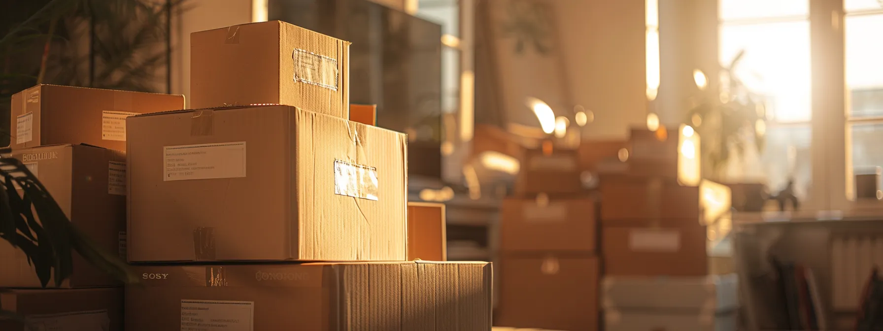 a stack of labeled moving boxes of various sizes, neatly arranged in a bright room, symbolizing the importance of assessing moving needs for a smooth relocation experience.