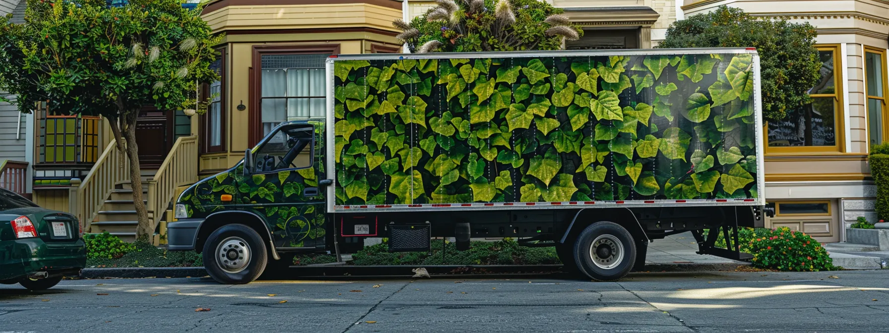 a moving truck emblazoned with vibrant green leaves and solar panels parked in front of a san francisco home, symbolizing eco-consciousness and sustainability in action.