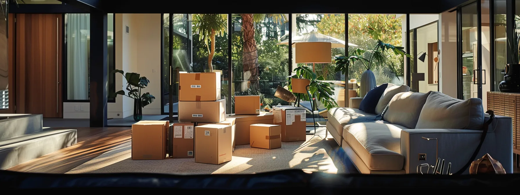 a professional moving company unpacks boxes in a sleek, modern living room setting in orange county.