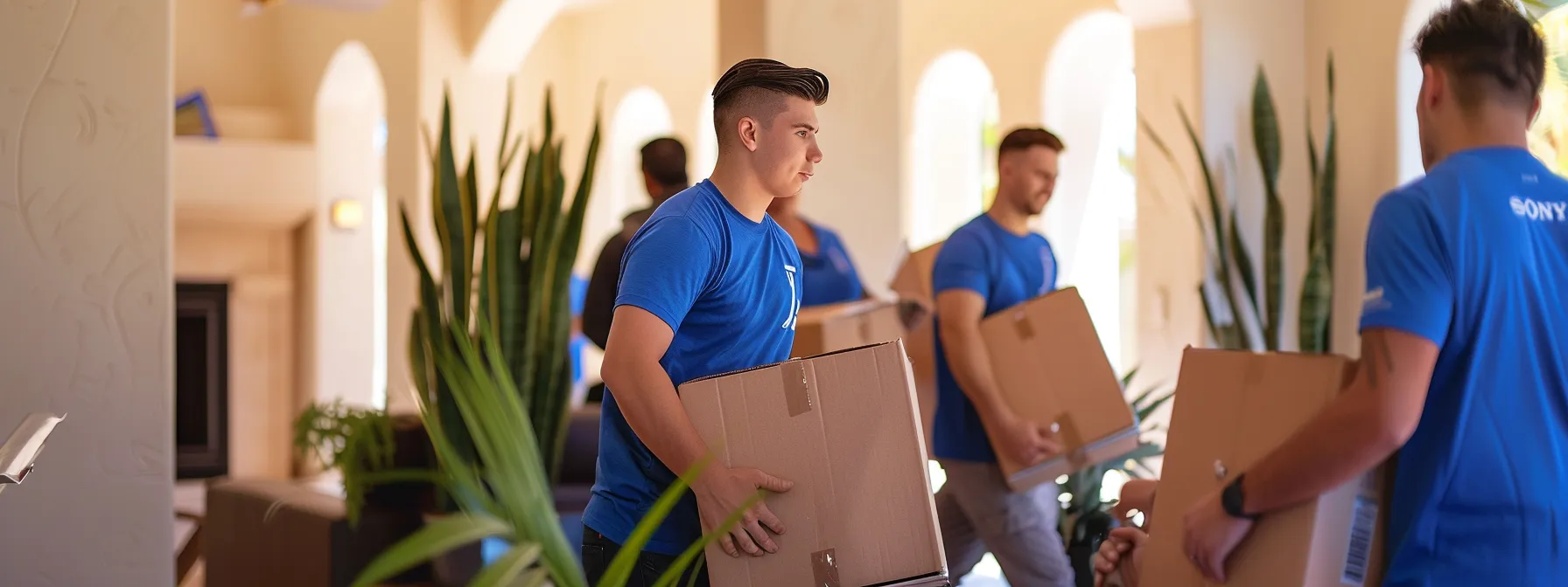 a group of strong, professional movers carefully carrying boxes into a bright, spacious home in san diego.