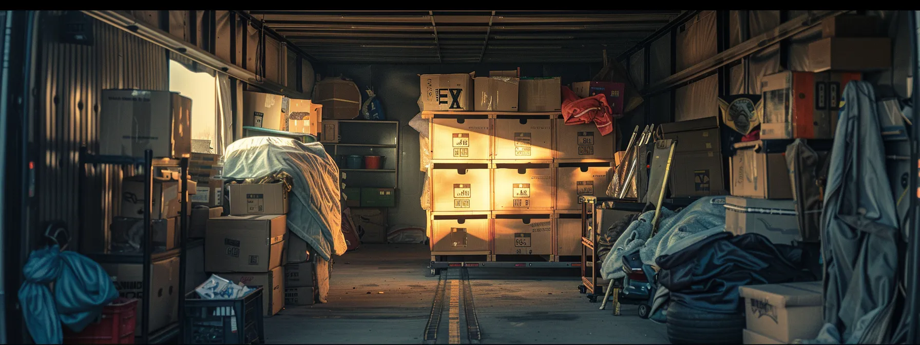 a moving truck packed with carefully labeled boxes, surrounded by moving blankets and moving supplies, ready for a long distance journey.