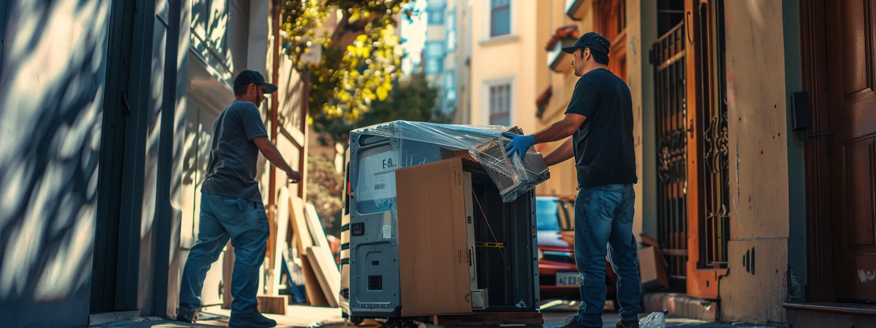 a professional moving crew carefully maneuvering furniture through a narrow doorway in busy san jose, showcasing expert handling and attention to detail in a challenging urban environment.