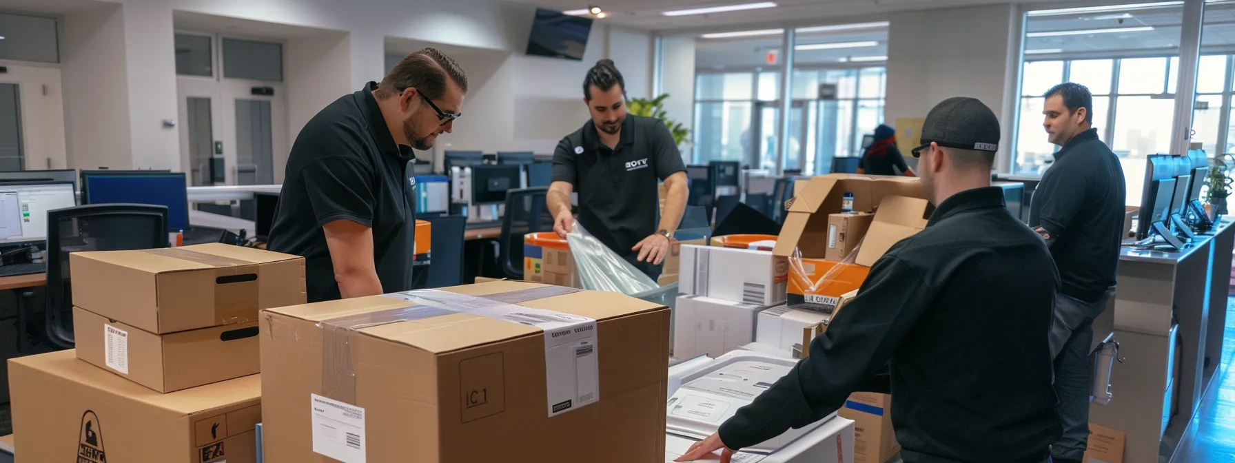 a professional moving crew carefully packing electronic equipment into labeled boxes in a spacious office setting.