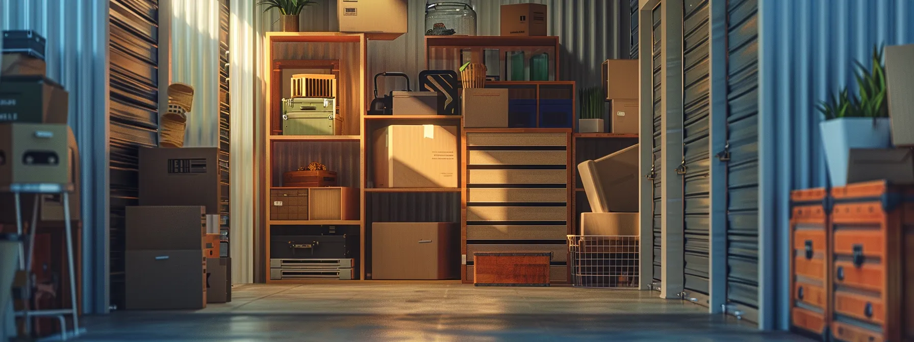 a brightly lit storage unit filled with neatly stacked boxes and furniture items, providing a secure and organized space for belongings during a move in orange county.