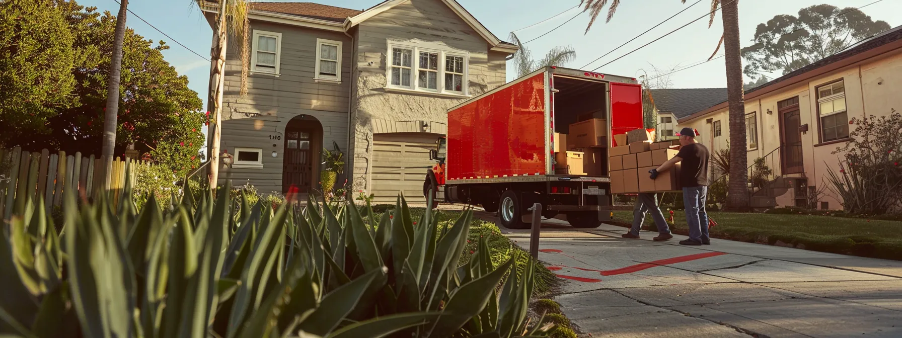 a group of professional movers carefully loading boxes and furniture into a bright red moving truck in front of a quaint san diego home.