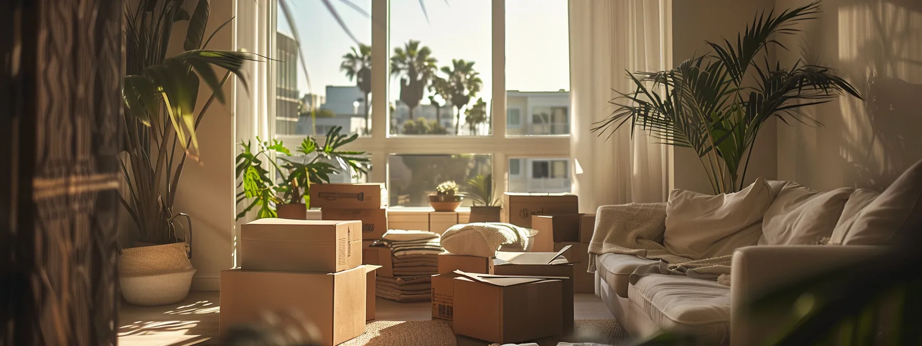 unpacking boxes in a sunny san diego living room with palm trees visible through the window.