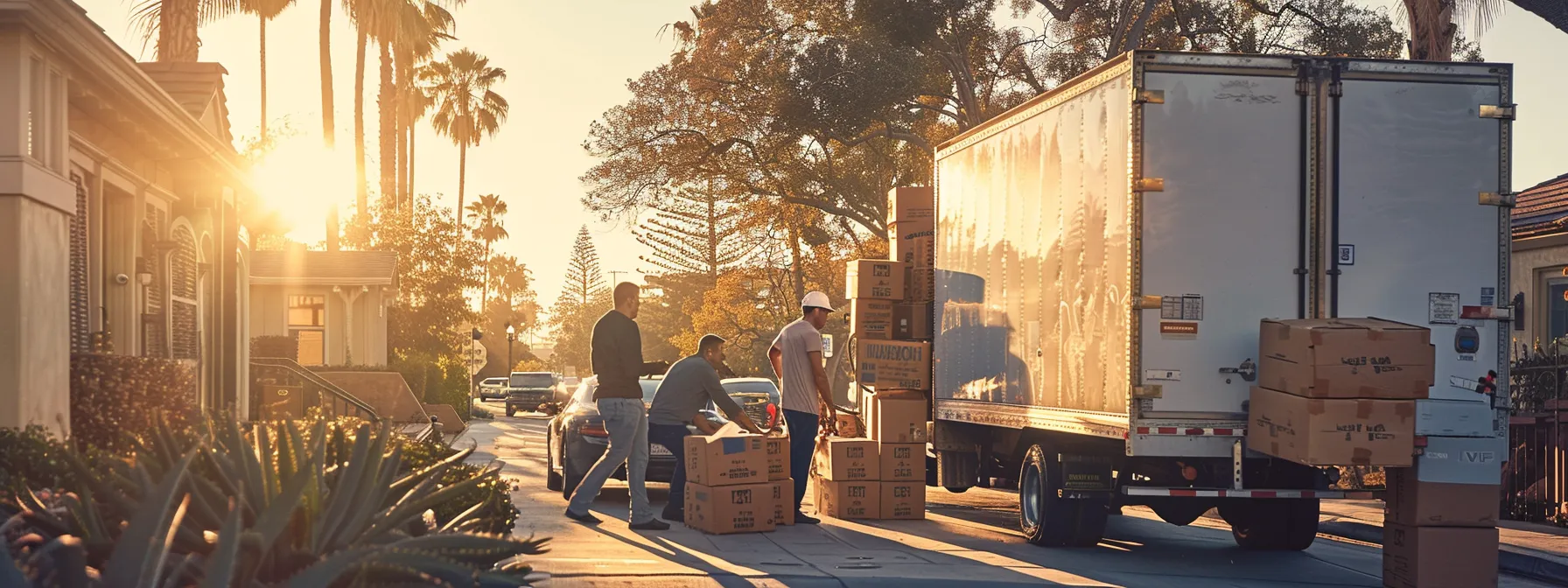 a group of friendly movers unloading boxes from a truck in front of a sunny san diego home.