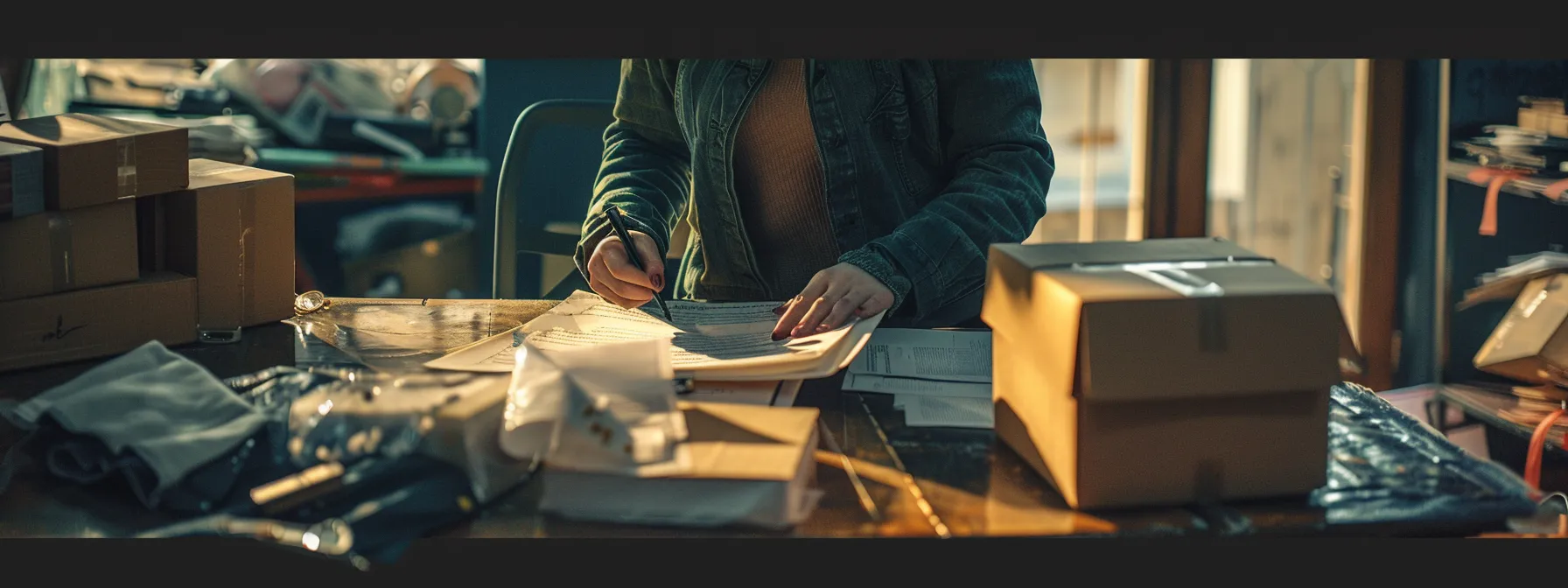 a person carefully reviewing and signing a detailed moving contract at a cluttered desk surrounded by moving boxes.