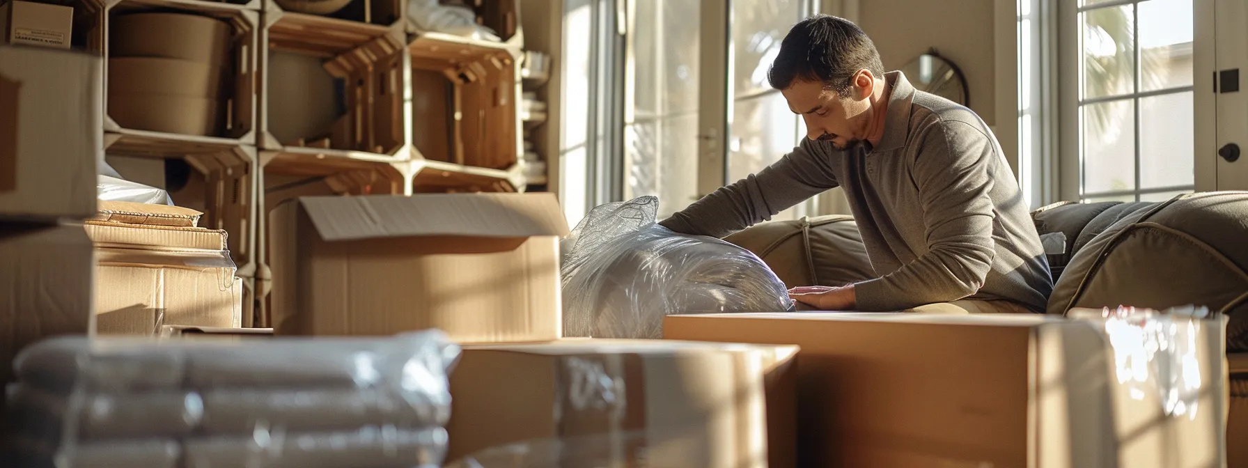 a professional mover carefully wrapping delicate furniture in los angeles.