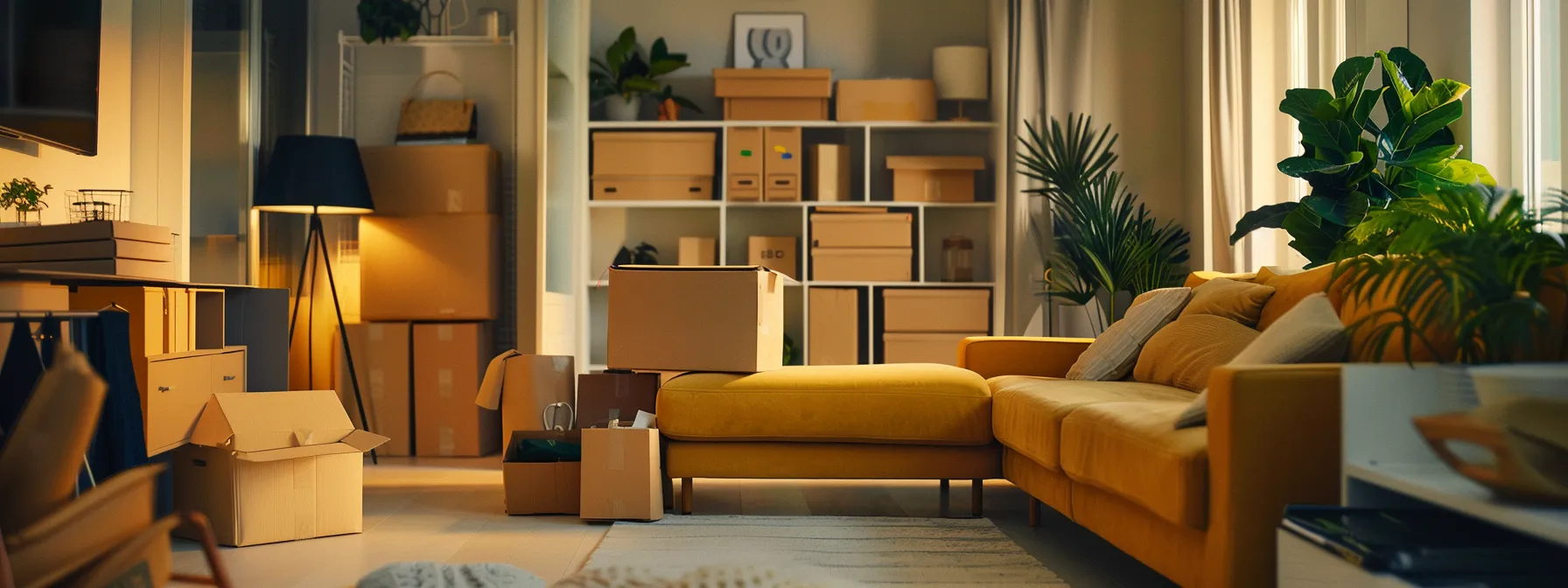 a bustling scene of professional packers efficiently packing and organizing boxes in a modern, organized living room setting.