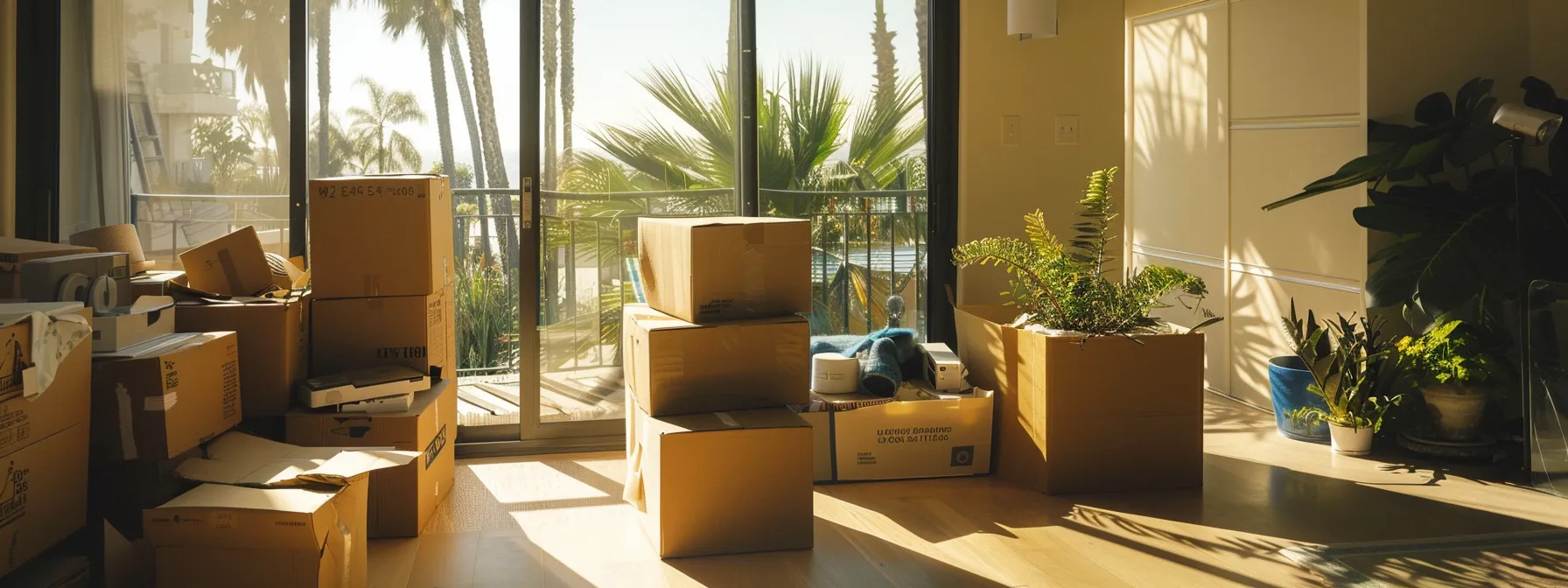 unpacking boxes in a sunny san diego living room, surrounded by neatly organized belongings and a view of palm trees through the window.