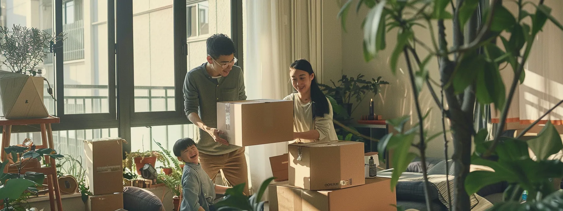 a joyful family unpacking boxes in their new stress-free home, surrounded by neatly organized storage solutions.