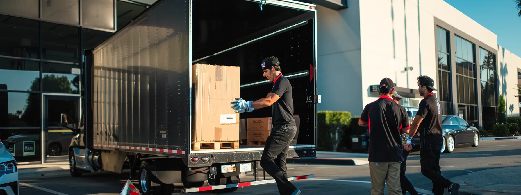 a team of expert movers carefully loading high-tech office equipment into a secure truck for a seamless commercial relocation.