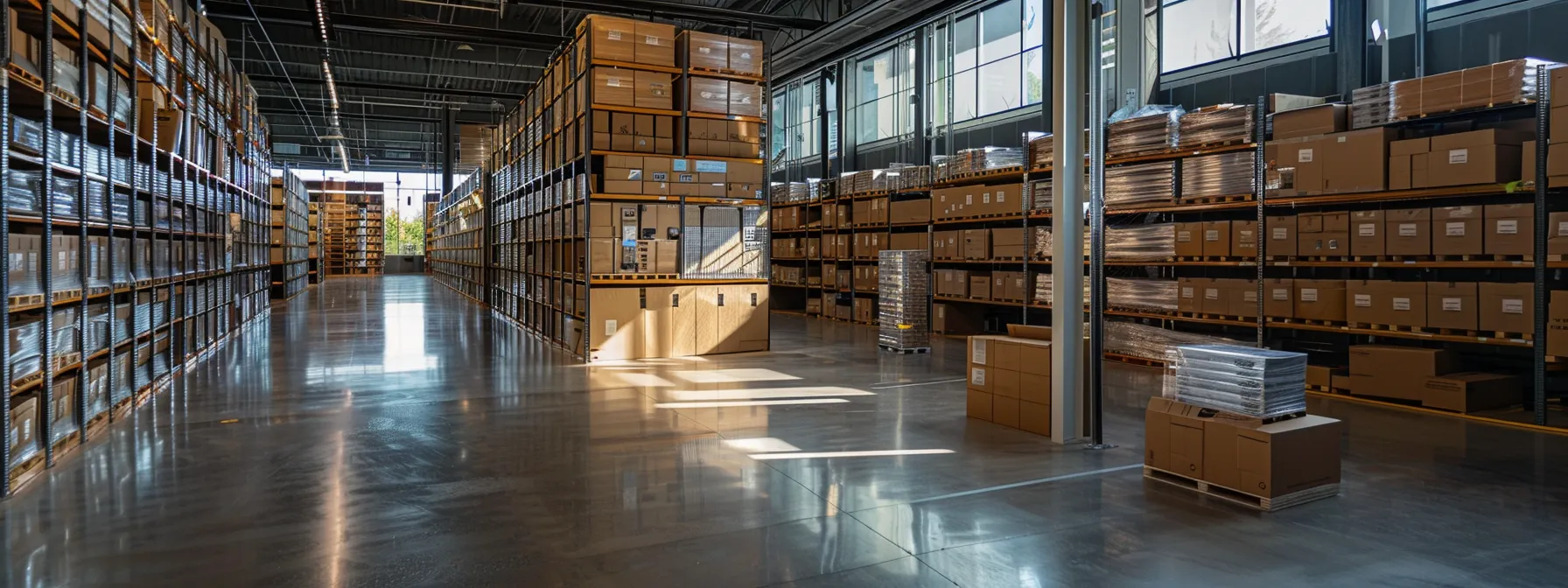 a modern, state-of-the-art storage facility filled with neatly stacked boxes and labeled containers, exuding safety and organization.