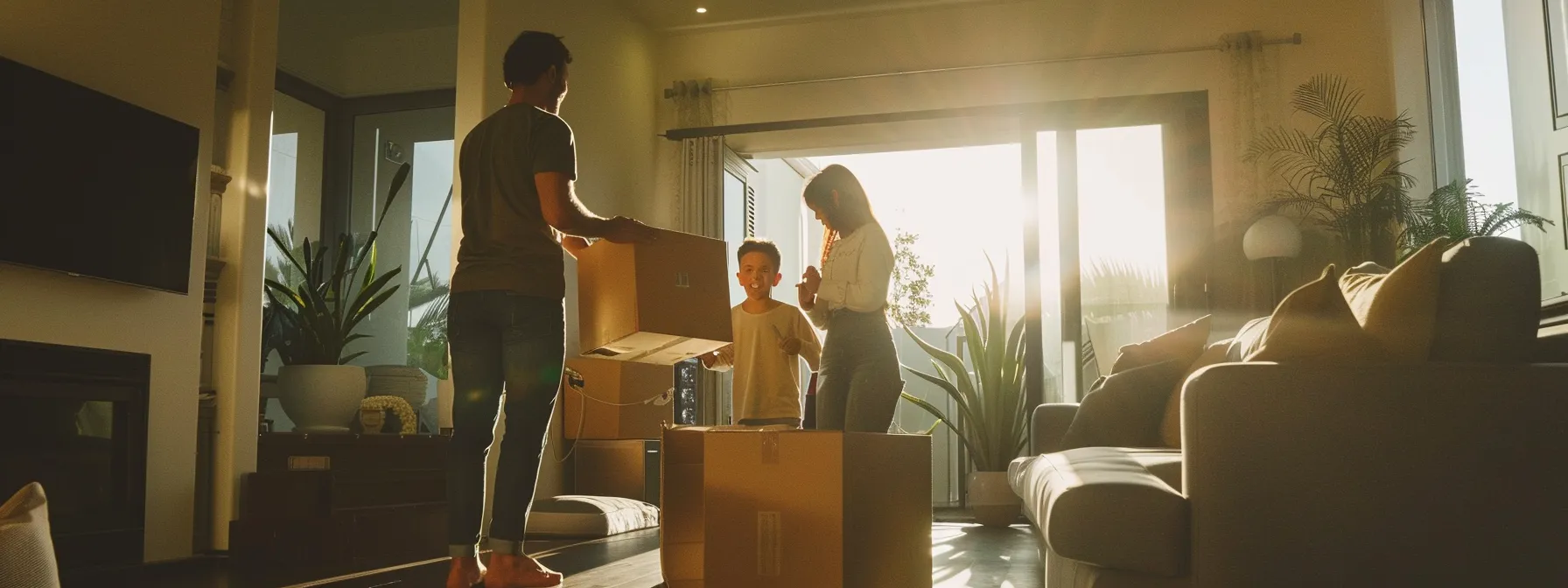 a family happily unpacking boxes in their new santana row home after a smooth and affordable move with a reputable local moving company in san jose.