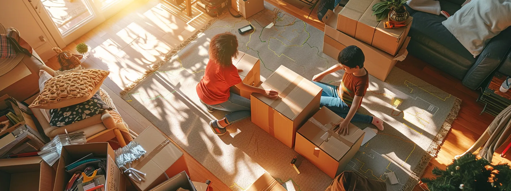 a family happily unpacking boxes in their new san diego home, surrounded by moving supplies and a map of the neighborhood.