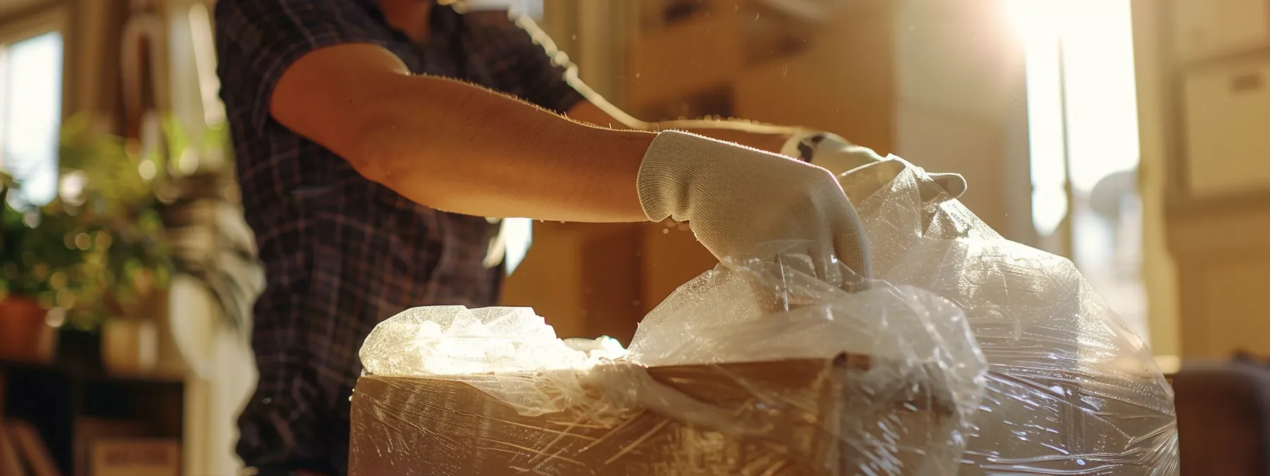 a professional mover carefully wrapping delicate items in bubble wrap before placing them in a sturdy moving box.