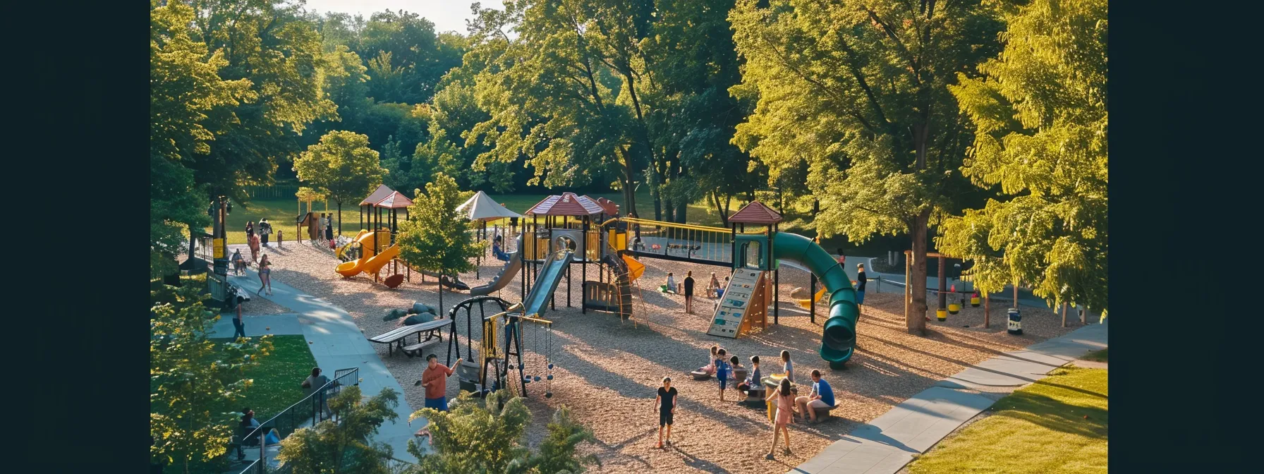 a vibrant playground nestled in a tree-lined park with families enjoying picnics and kids playing on swings and slides.