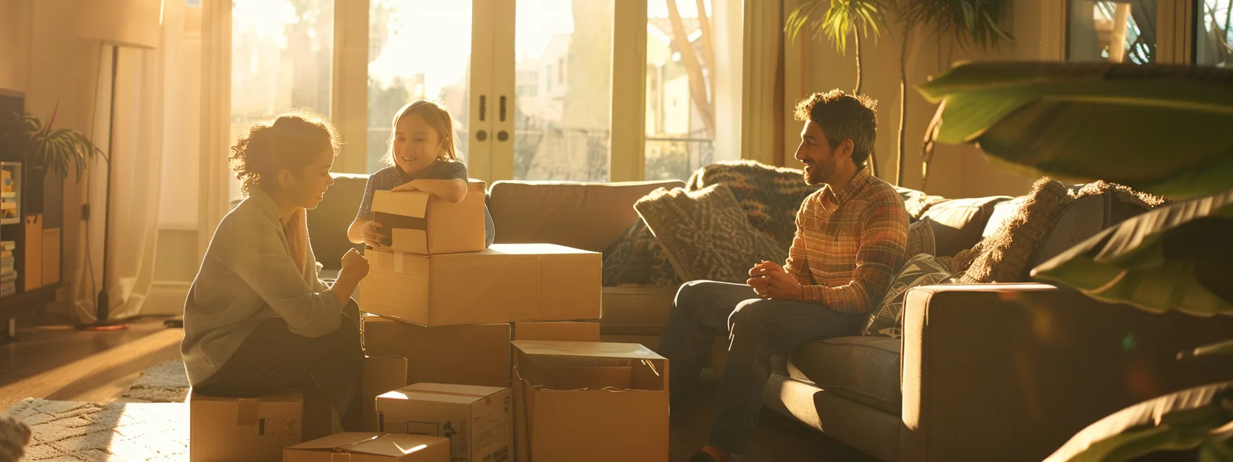 a family surrounded by moving boxes, discussing their specific requirements with a professional mover in their orange county home.