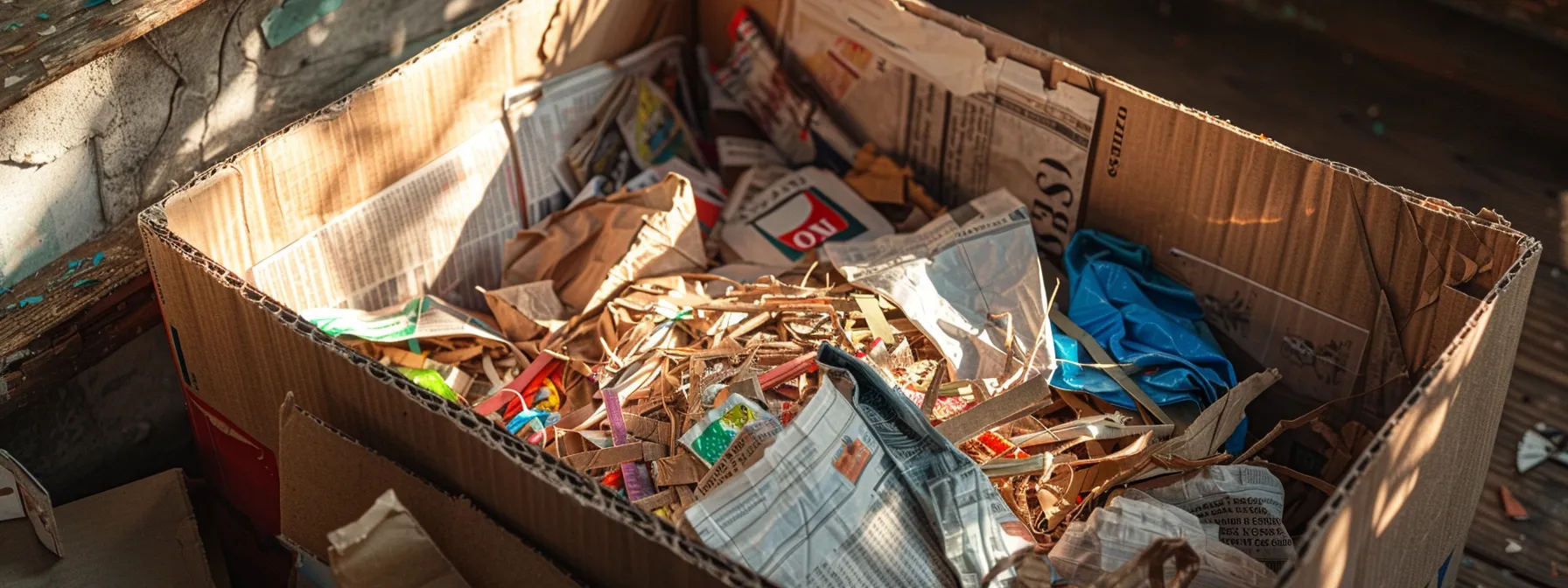 an image of a creatively repurposed cardboard box filled with eco-friendly packing materials like shredded newspaper and reusable fabric cushioning.