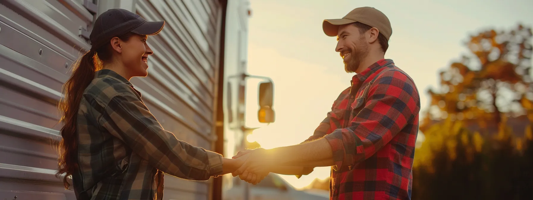 a couple shaking hands with a professional moving company representative in front of a moving truck, finalizing their choice of the best san diego long distance mover.