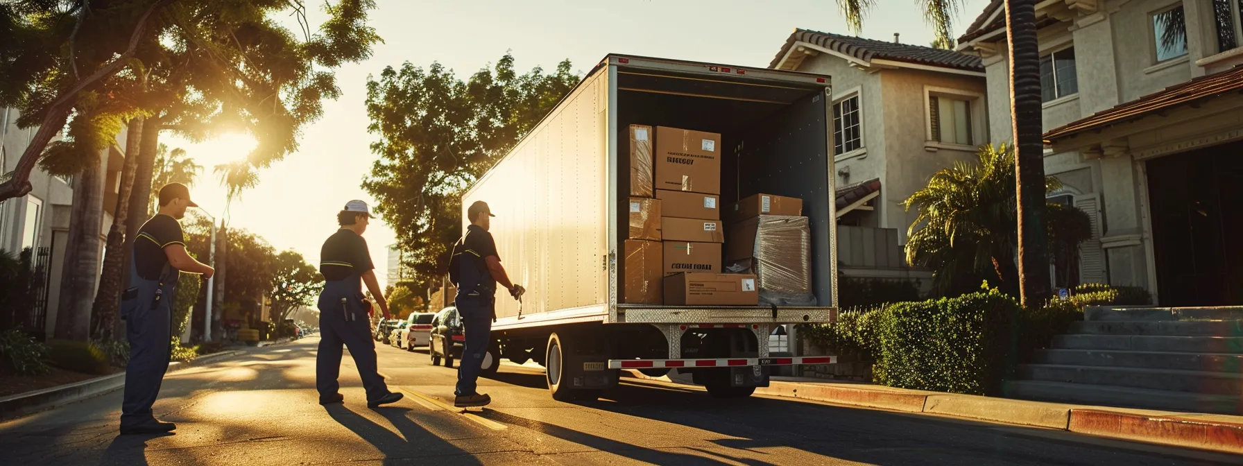 a team of confident, uniformed movers carefully wrapping and loading furniture into a moving truck on a sunny san diego street.