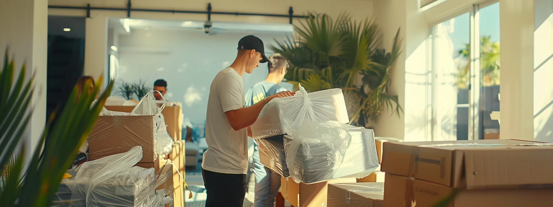 a team of experienced packers carefully wrapping fragile items in protective materials in a bright and spacious los angeles home.