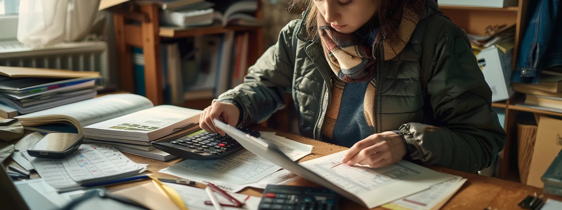 a person carefully reviewing and comparing moving quotes and pricing factors at a cluttered desk with a calculator and notebook.