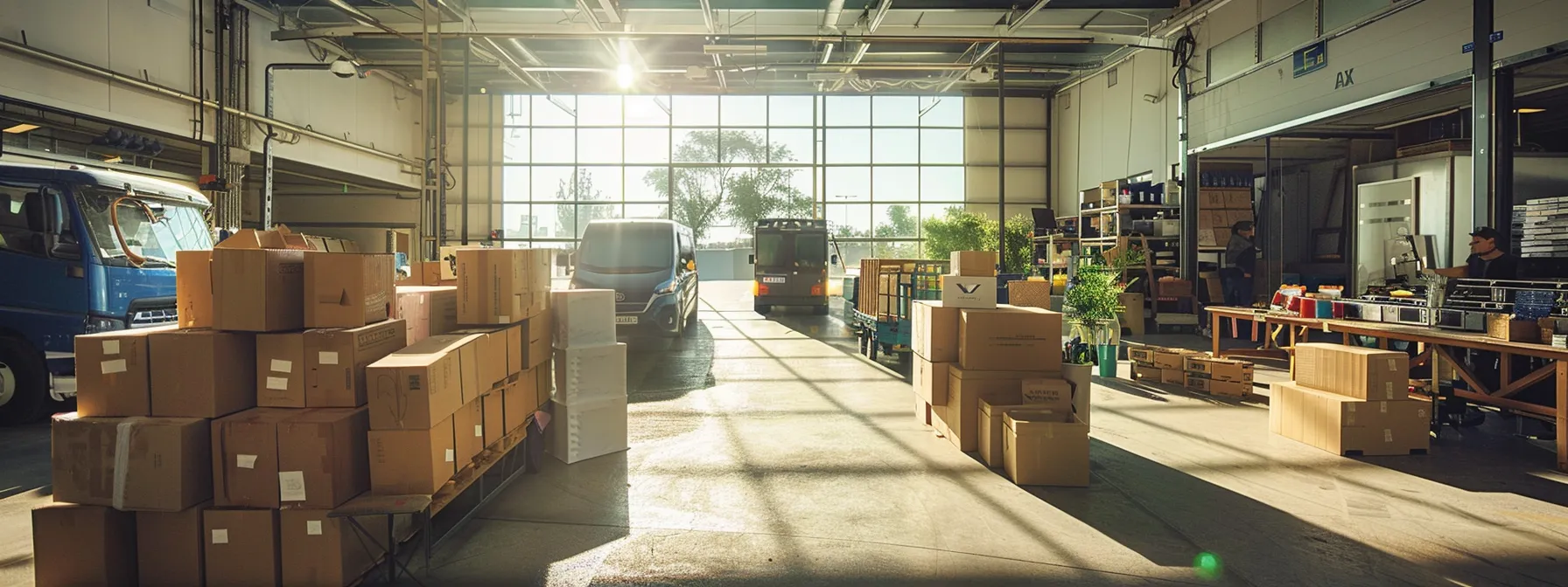 a bustling office filled with happy employees, surrounded by neatly packed moving boxes and a logo-free moving truck parked outside.