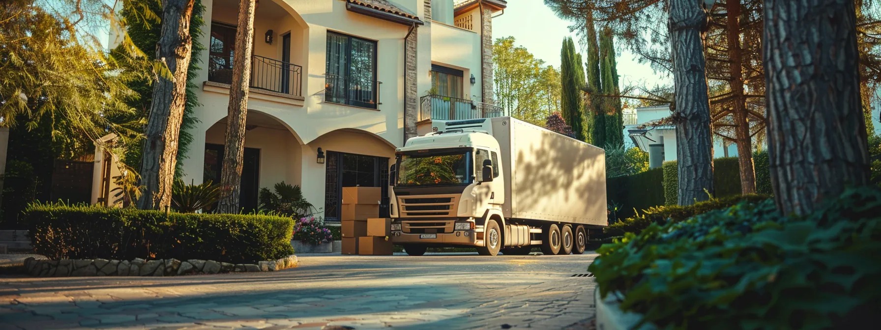 a moving truck parked in front of a house, with boxes stacked high and movers carrying furniture, showcasing the costs and logistics of hiring local movers.