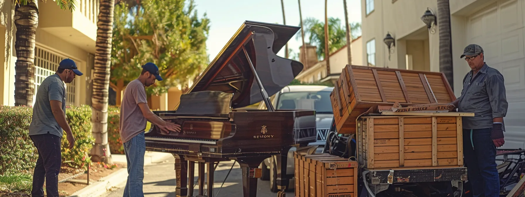 a professional moving crew carefully packing a valuable piano into a secure moving truck for a cross-country relocation in sunny southern california.