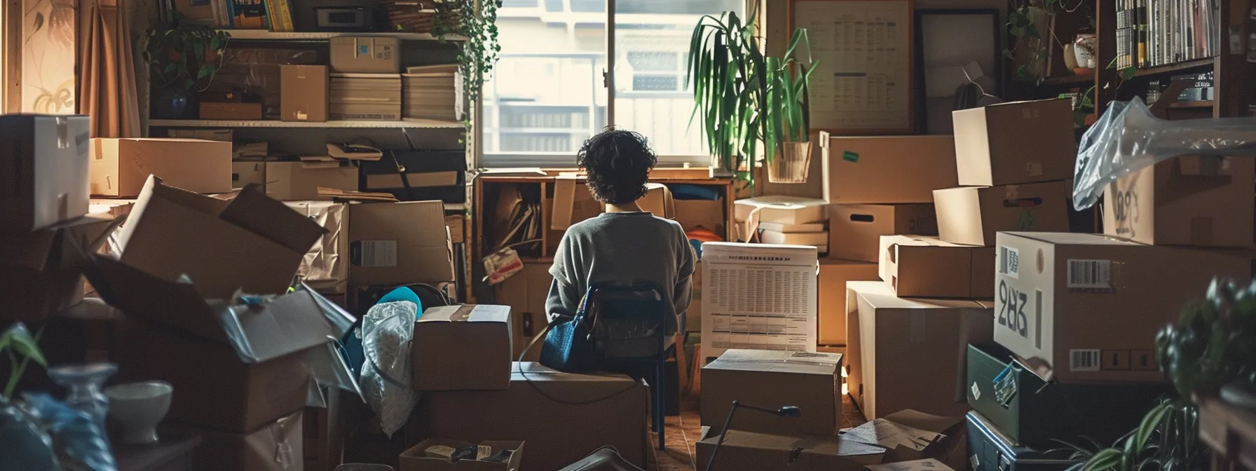 a person surrounded by moving boxes, packing supplies, and budget spreadsheets, carefully planning their moving expenses.