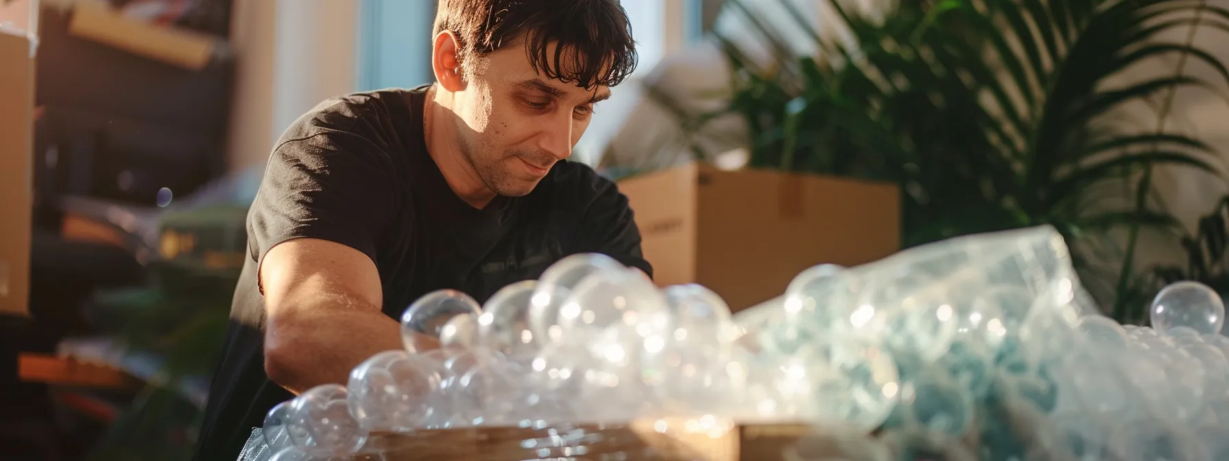 a professional mover carefully wrapping fragile items in bubble wrap before placing them in a sturdy moving box, ensuring their safe transport during the move.