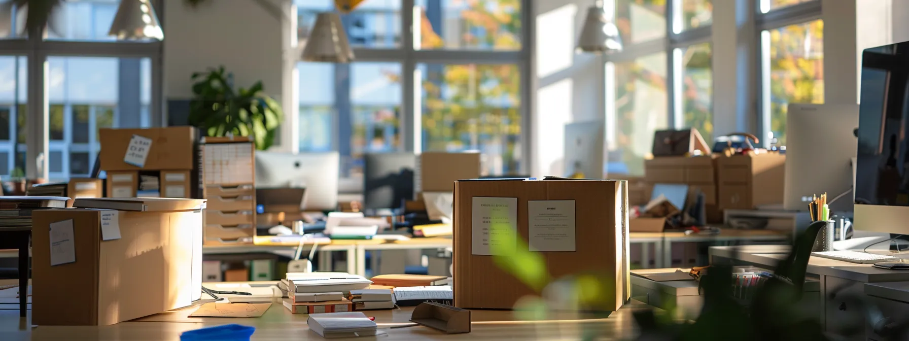 a clutter-free office space with labeled boxes, organized files, and a team setting up it equipment in a new location.