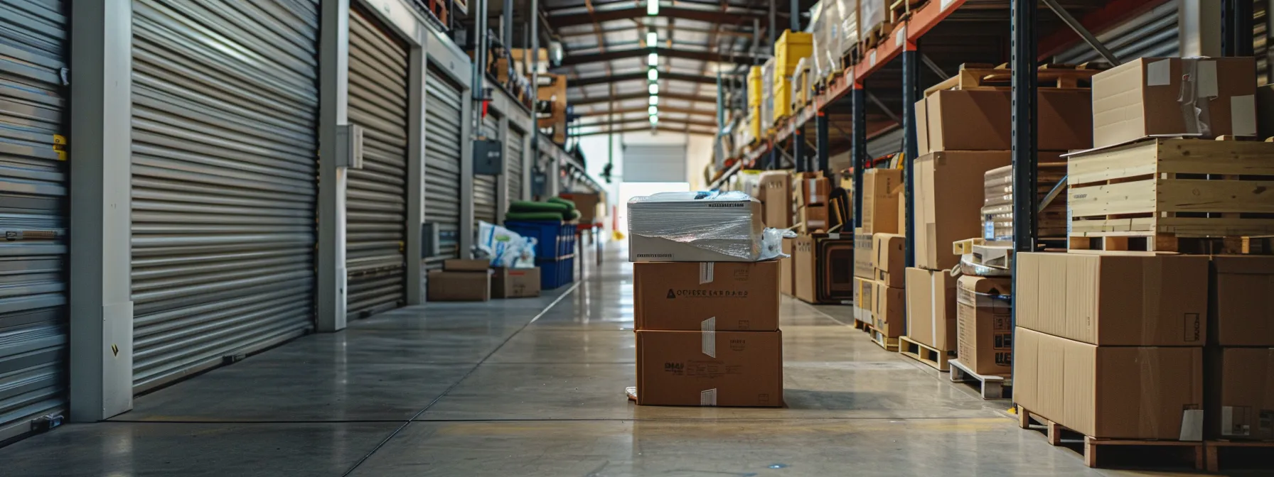 a spacious, climate-controlled storage unit packed with neatly stacked boxes and furniture, overseen by professional movers in san diego.