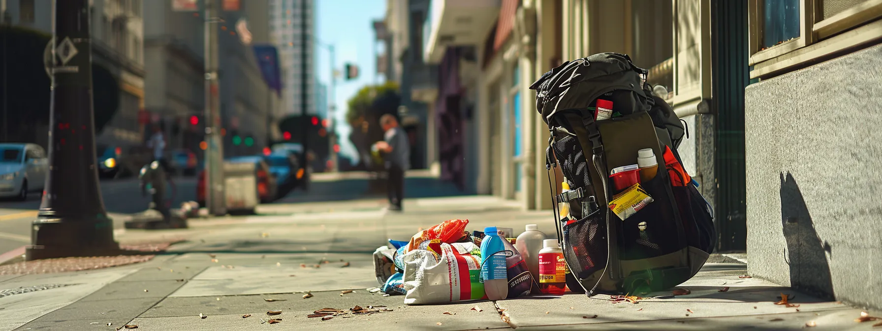 A Backpack Filled With Medication, Toiletries, Important Documents, Snacks, And Water Placed On A Sunny Sidewalk In Downtown San Francisco.