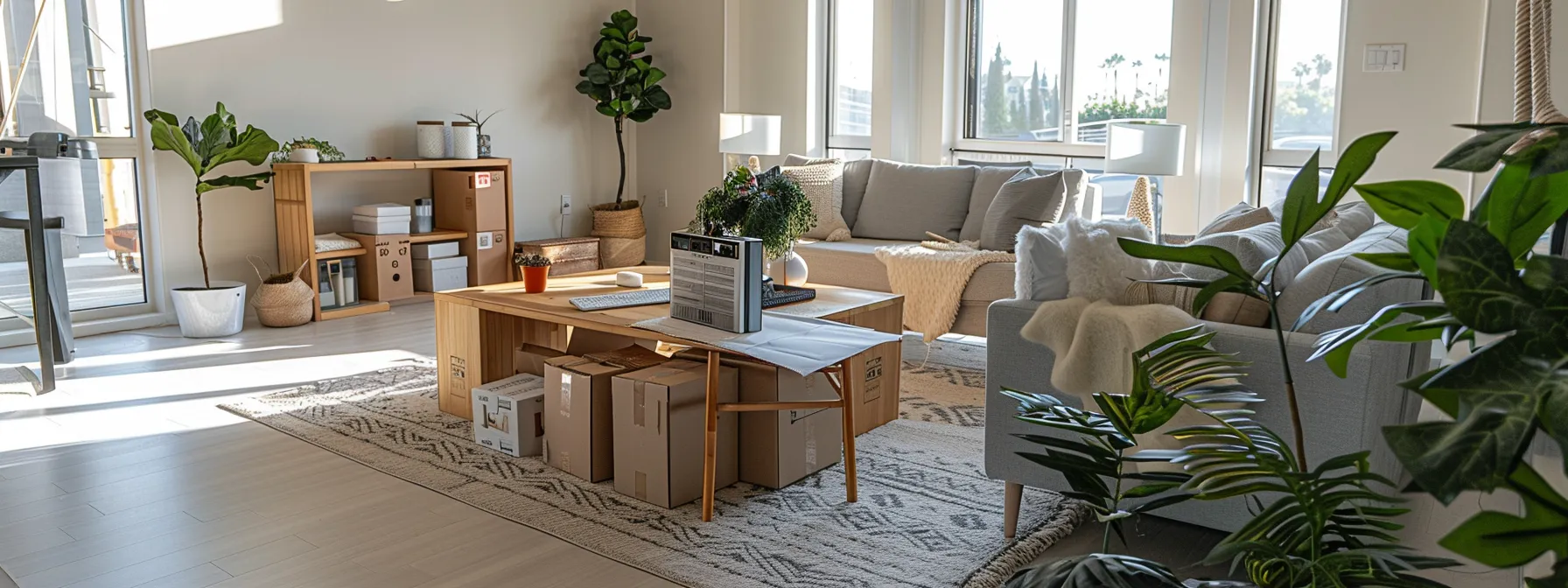 A Bright, Organized Living Room In Irvine, Ca With Labeled Moving Boxes And A Customized Moving Plan Laid Out On A Table.