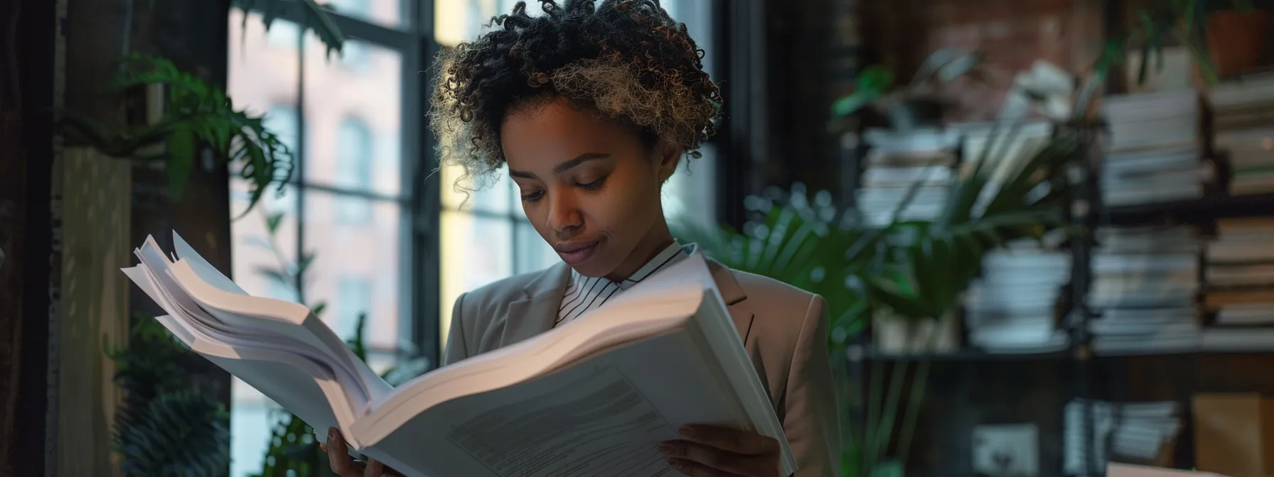 A Business Owner In Downtown San Francisco, Surrounded By A Stack Of Customer Reviews And Testimonials, Carefully Analyzing The Feedback To Select The Right Commercial Movers For Their Relocation Needs.